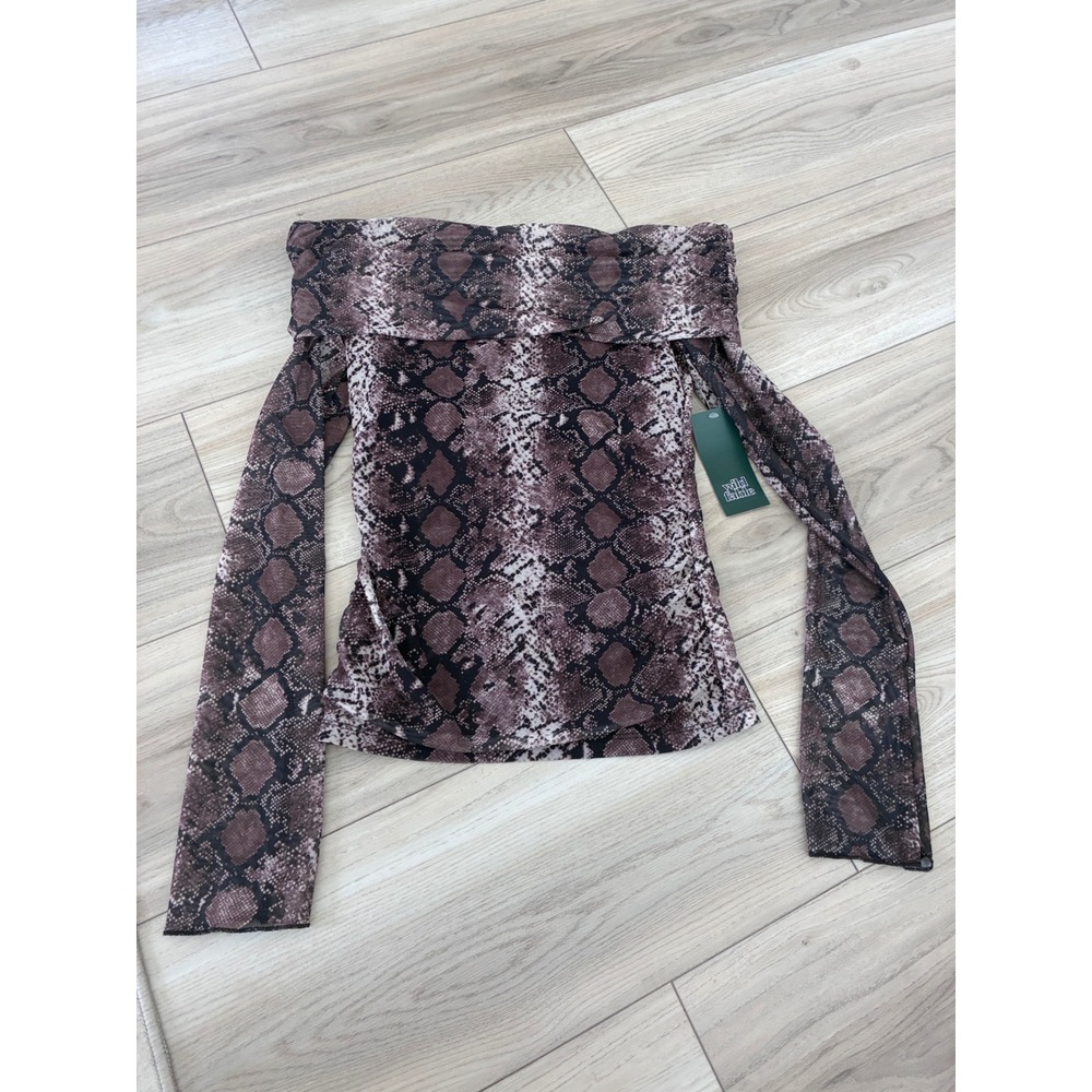 Wild Fable Brown Snake Print Mesh Off The Shoulder Long Sleeve Top Small NWT